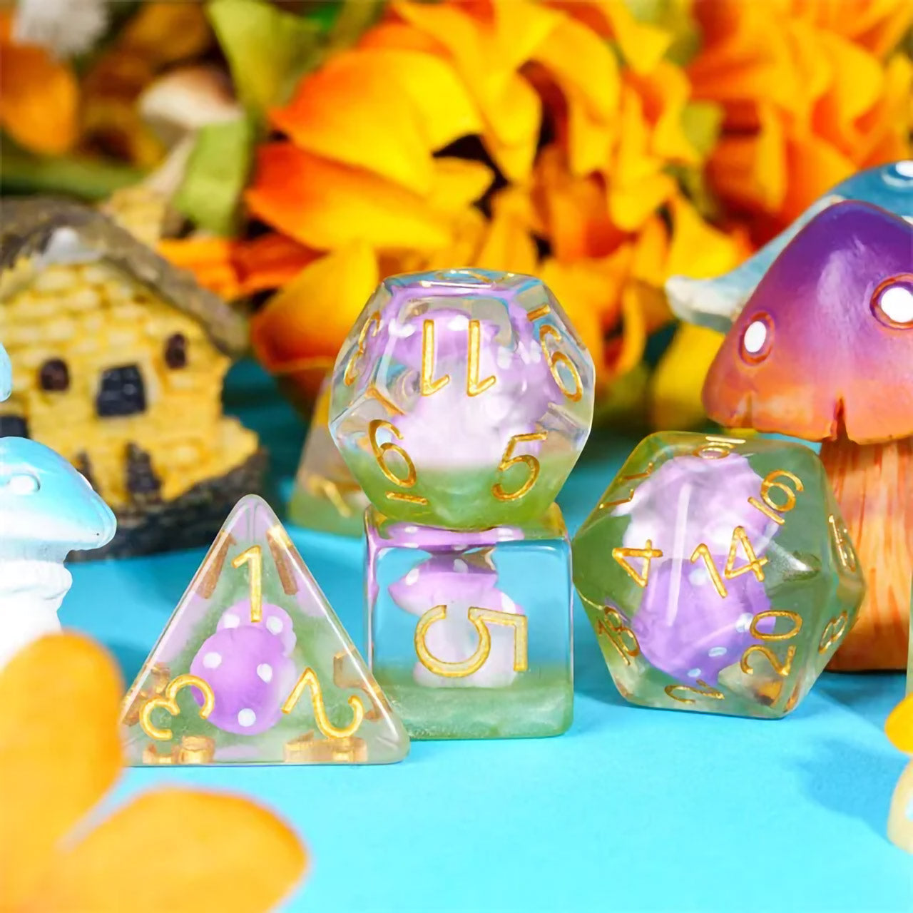 Purple Mushrooms 7pc Dice Set Inked in Gold
