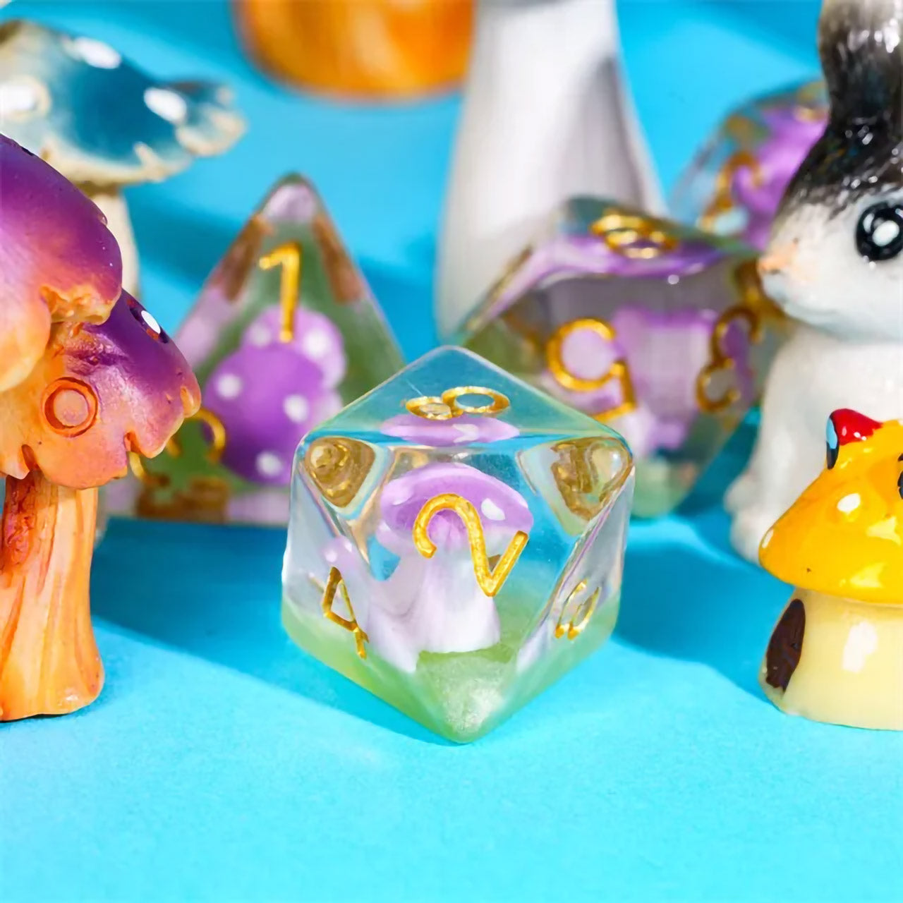 Purple Mushrooms 7pc Dice Set Inked in Gold