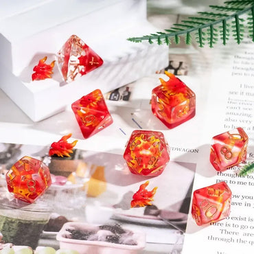 Red Dragon Head 7pc Dice Set Inked in Copper