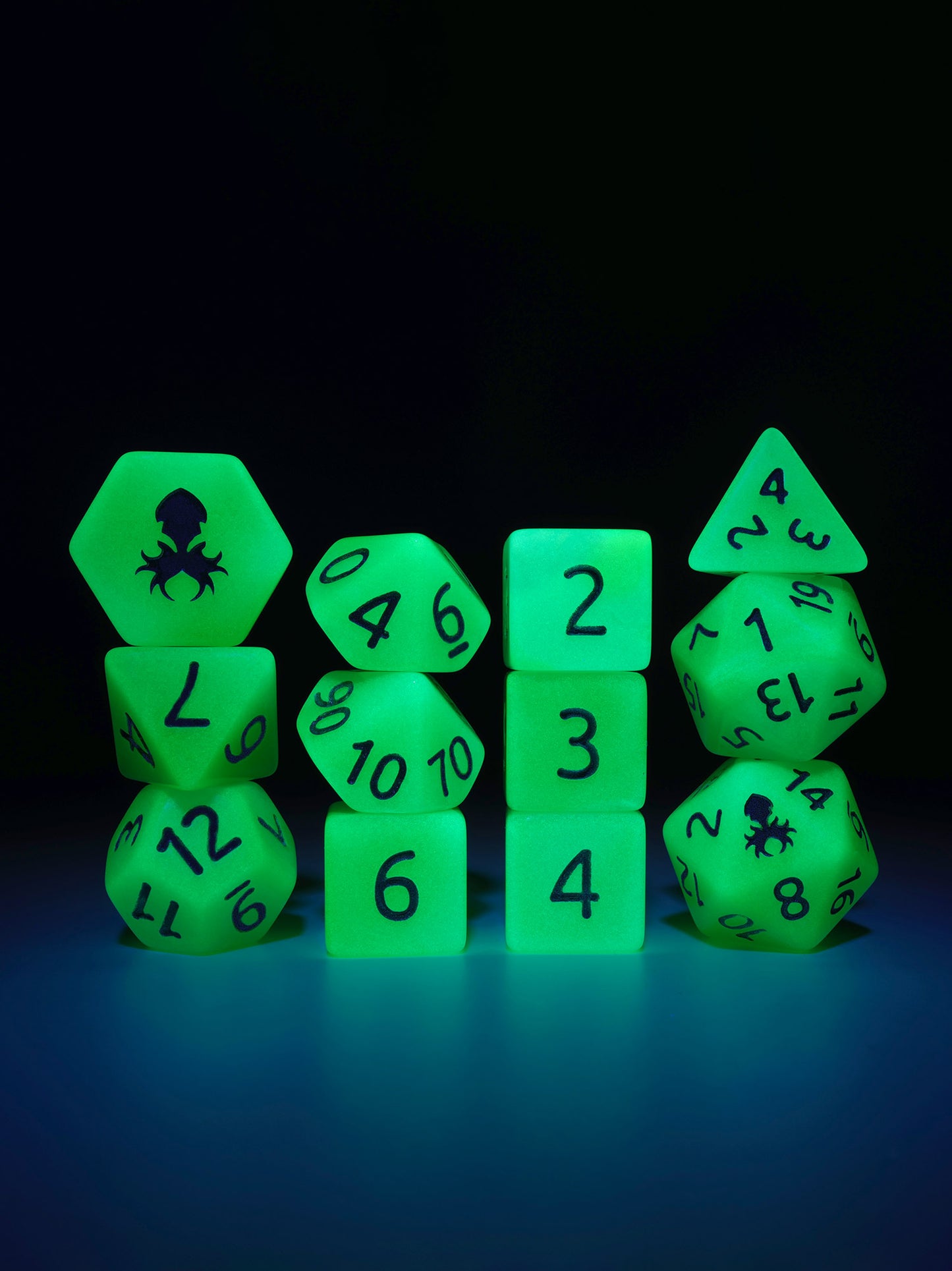 Lemon Lime Quencher Glow in the Dark 12pc Dice Set inked in Silver