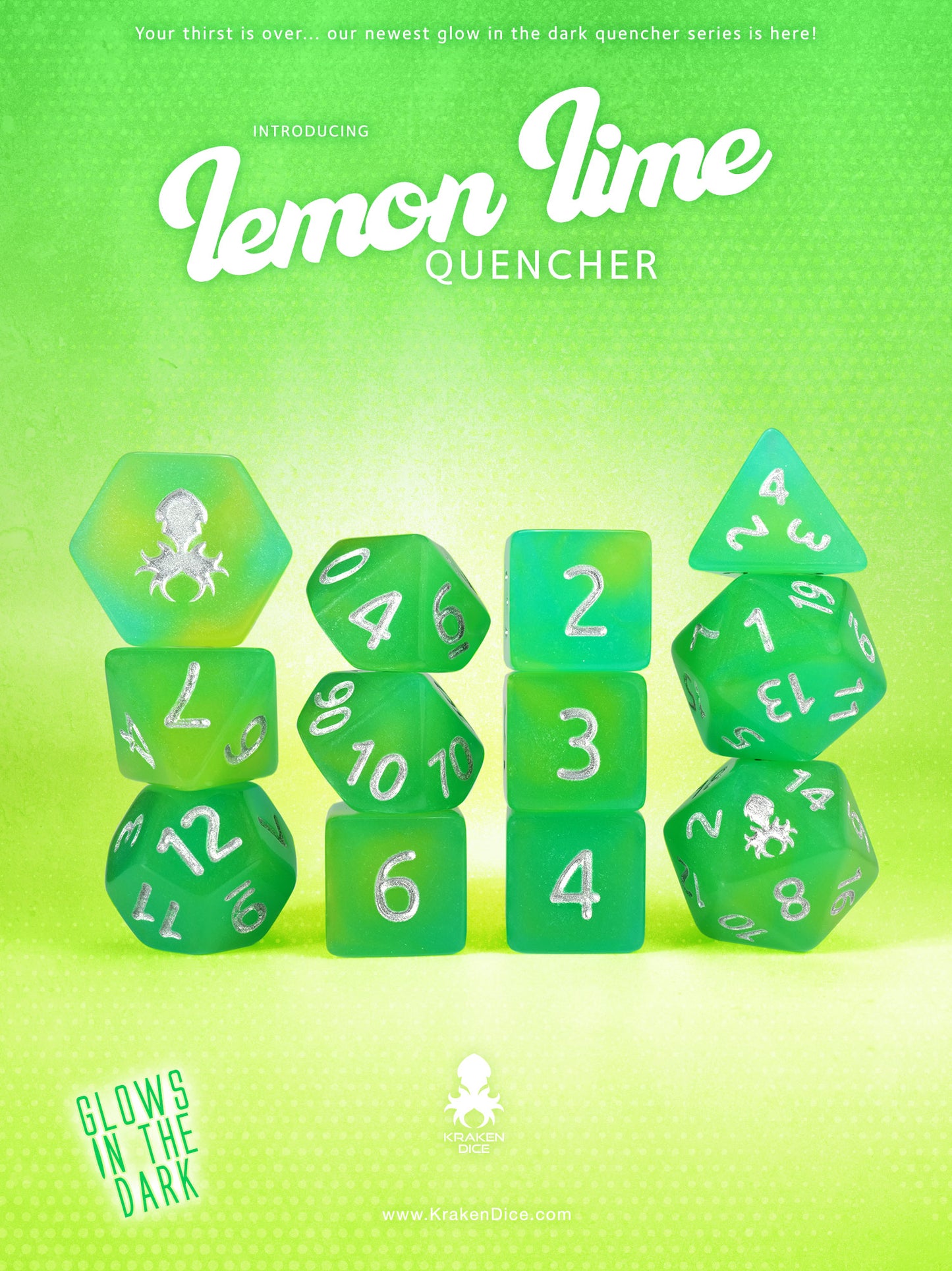 Lemon Lime Quencher Glow in the Dark 12pc Dice Set inked in Silver