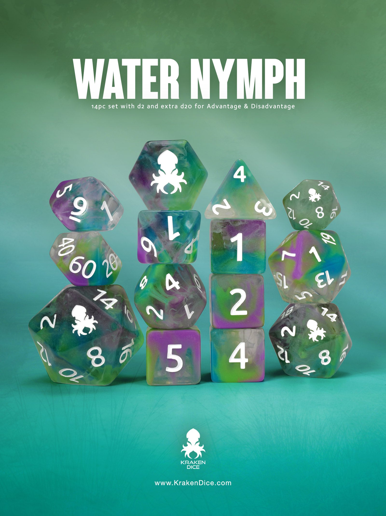 Water Nymph 14pc Dice Set inked in White