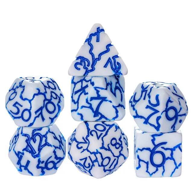 White Cracks 7pc Dice Set Inked in Blue