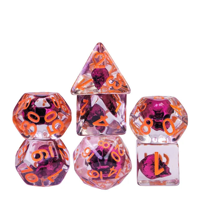 Pink Skull 7pc Dice Set Inked in Orange