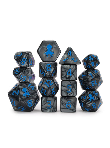 Kraken's Signature Black 14pc Dice Set inked in Blue