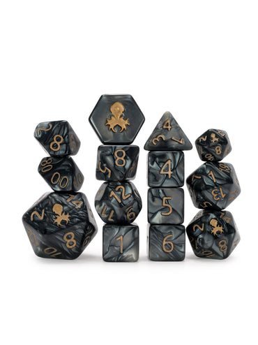 Kraken's Signature Black 14pc Dice Set inked in Gold