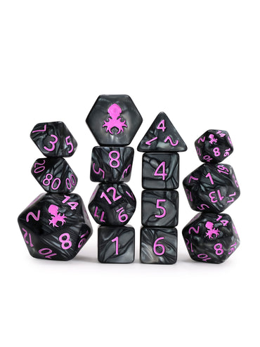 Kraken's Signature Black 14pc Dice Set inked in Pink