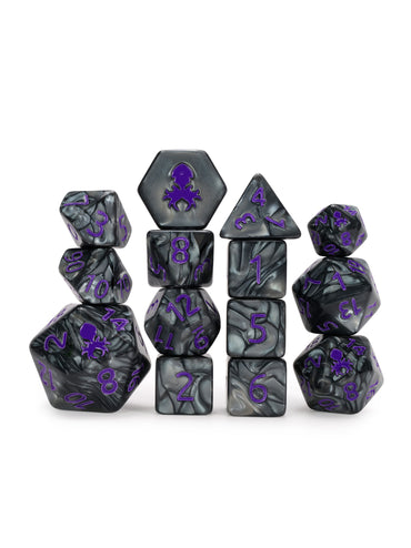 Kraken's Signature Black 14pc Dice Set inked in Purple