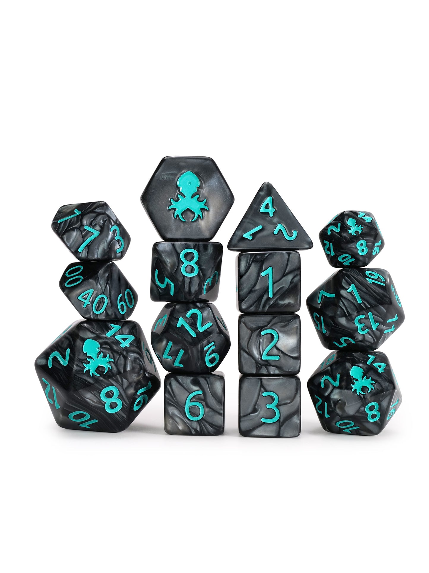 Kraken's Signature Black 14pc Dice Set inked in Teal