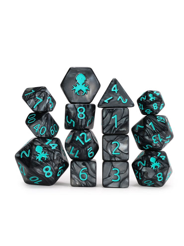 Kraken's Signature Black 14pc Dice Set inked in Teal