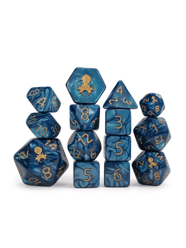 Kraken's Signature Cadet Blue 14pc Dice Set inked in Gold