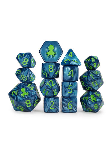 Kraken's Signature Cadet Blue 14pc Dice Set inked in Green