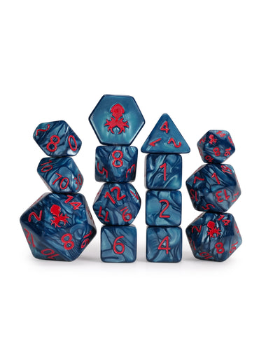 Kraken's Signature Cadet Blue 14pc Dice Set inked in Red