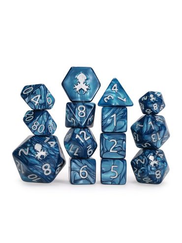 Kraken's Signature Cadet  Blue 14pc Dice Set inked in Silver
