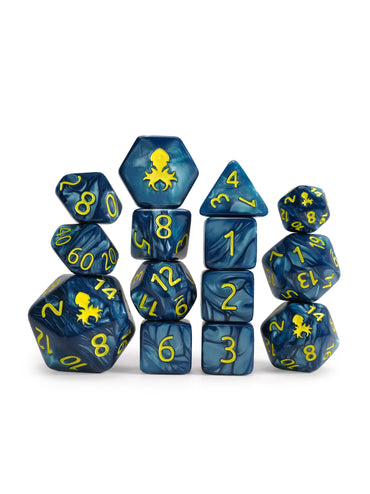 Kraken's Signature Cadet  Blue 14pc Dice Set inked in Yellow