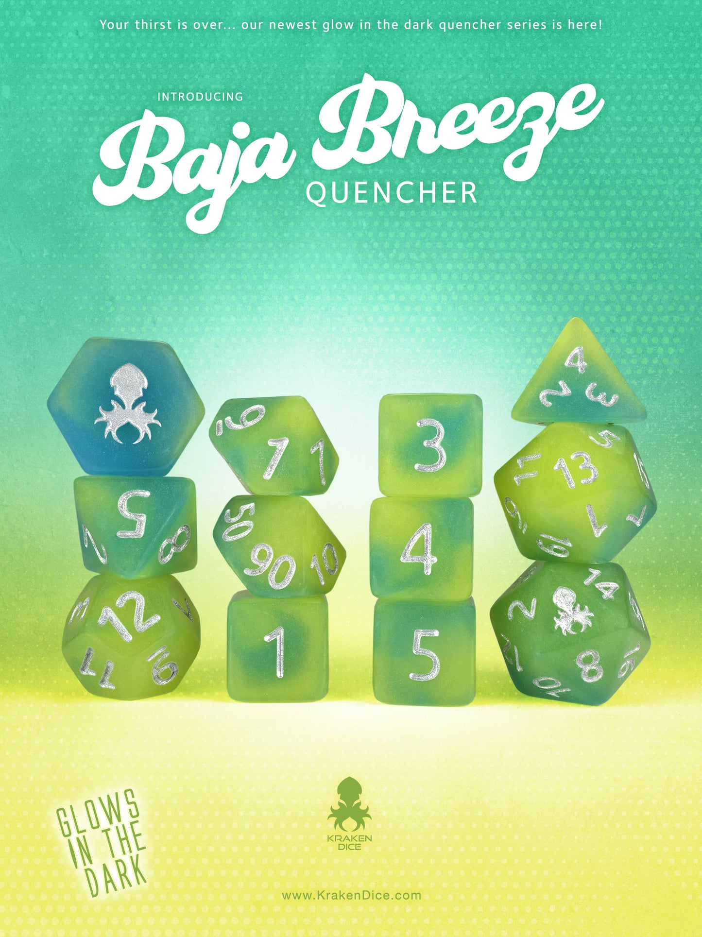 Baja Breeze Quencher Glow in the Dark 12pc Dice Set inked in Silver