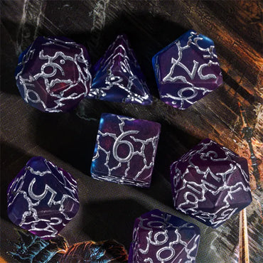 Purple and Blue Cracks 7pc Dice Set Inked in Silver