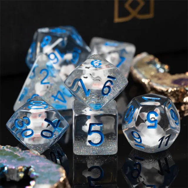 White Fox 7pc Dice Set Inked in Blue