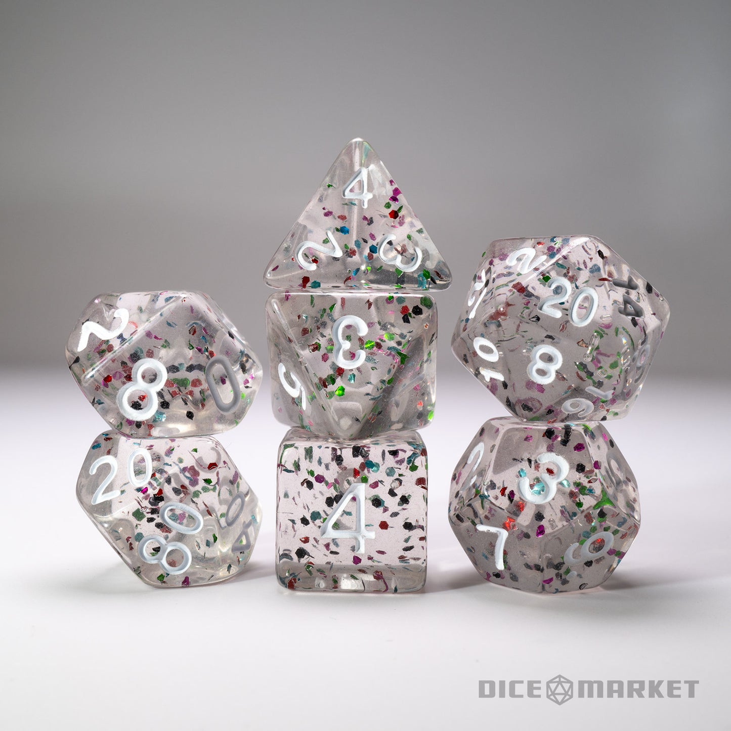 Clear with Rainbow Glitter White Ink 7pc Dice Set
