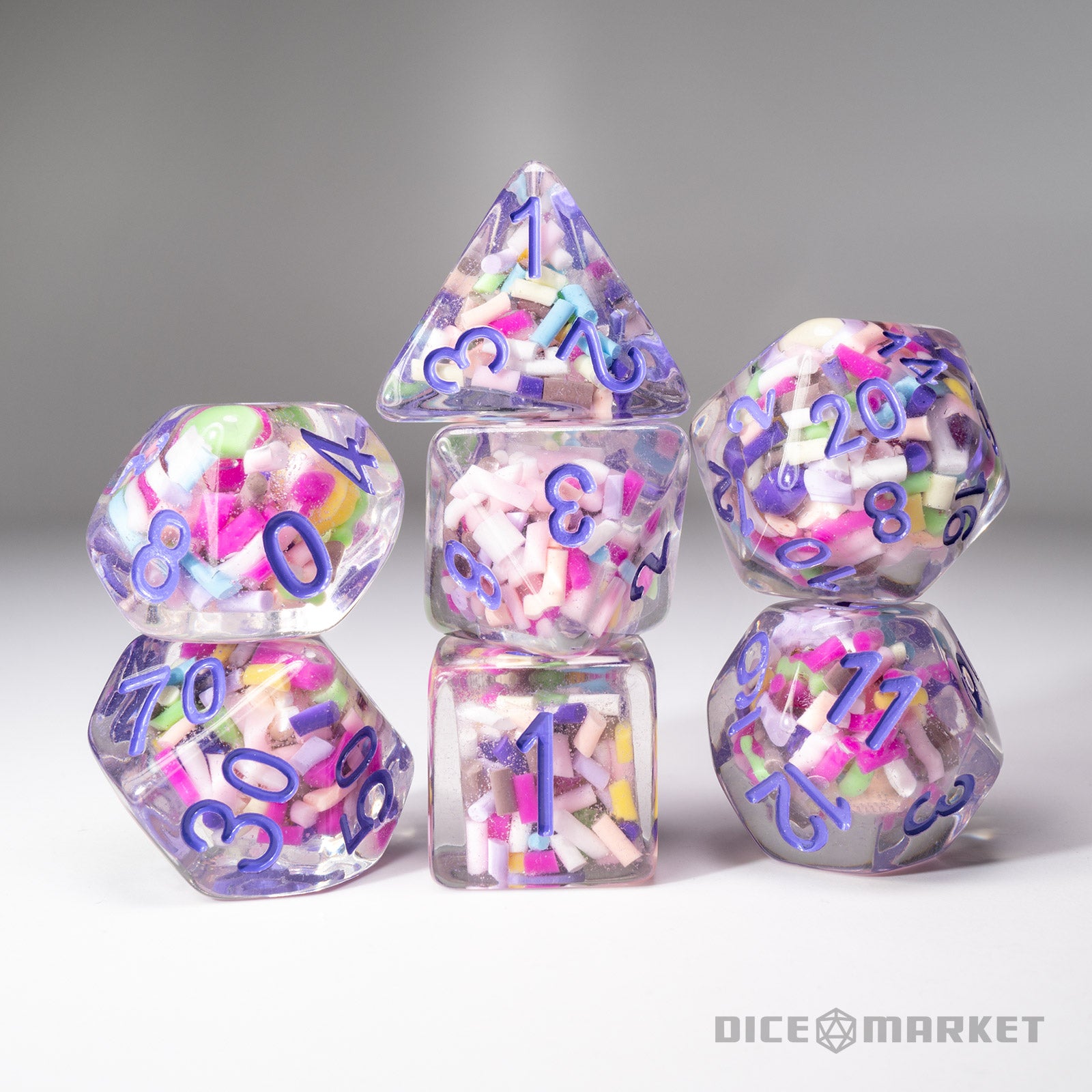 Candy Sprinkles Filled 7pc Polyhedral Dice Set with Purple Ink