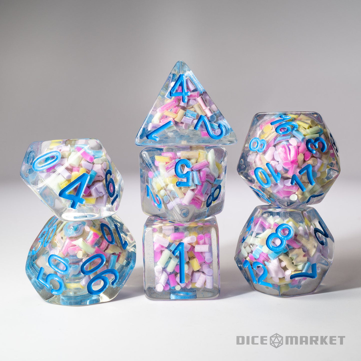 Candy Sprinkles Filled 7pc Polyhedral Dice Set with Blue Ink