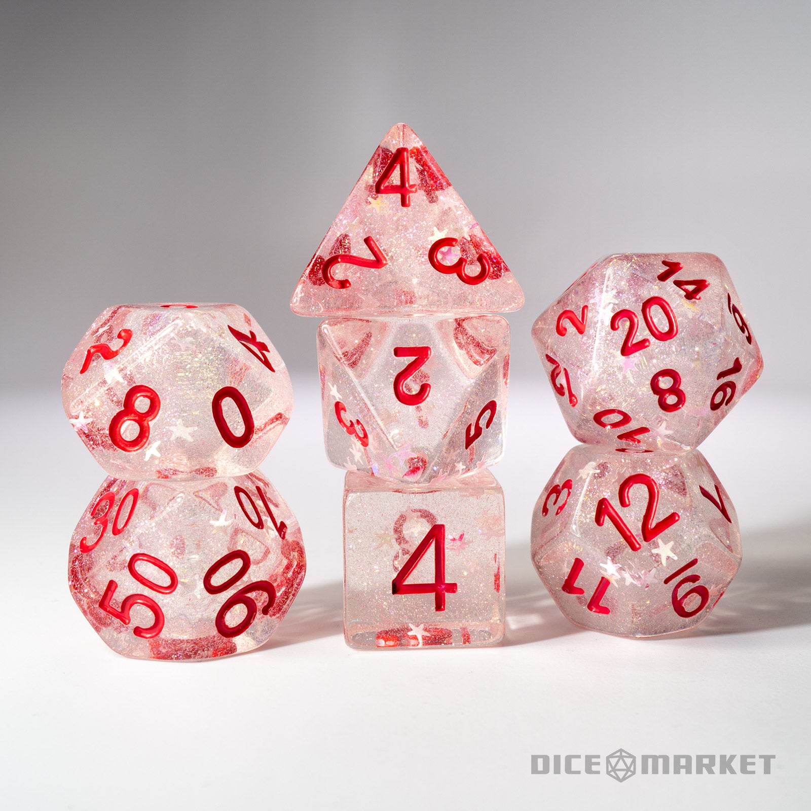 Fine White Star 7pc Dice Set Inked in Red