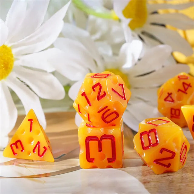 Cheese 7pc Dice Set inked in Red