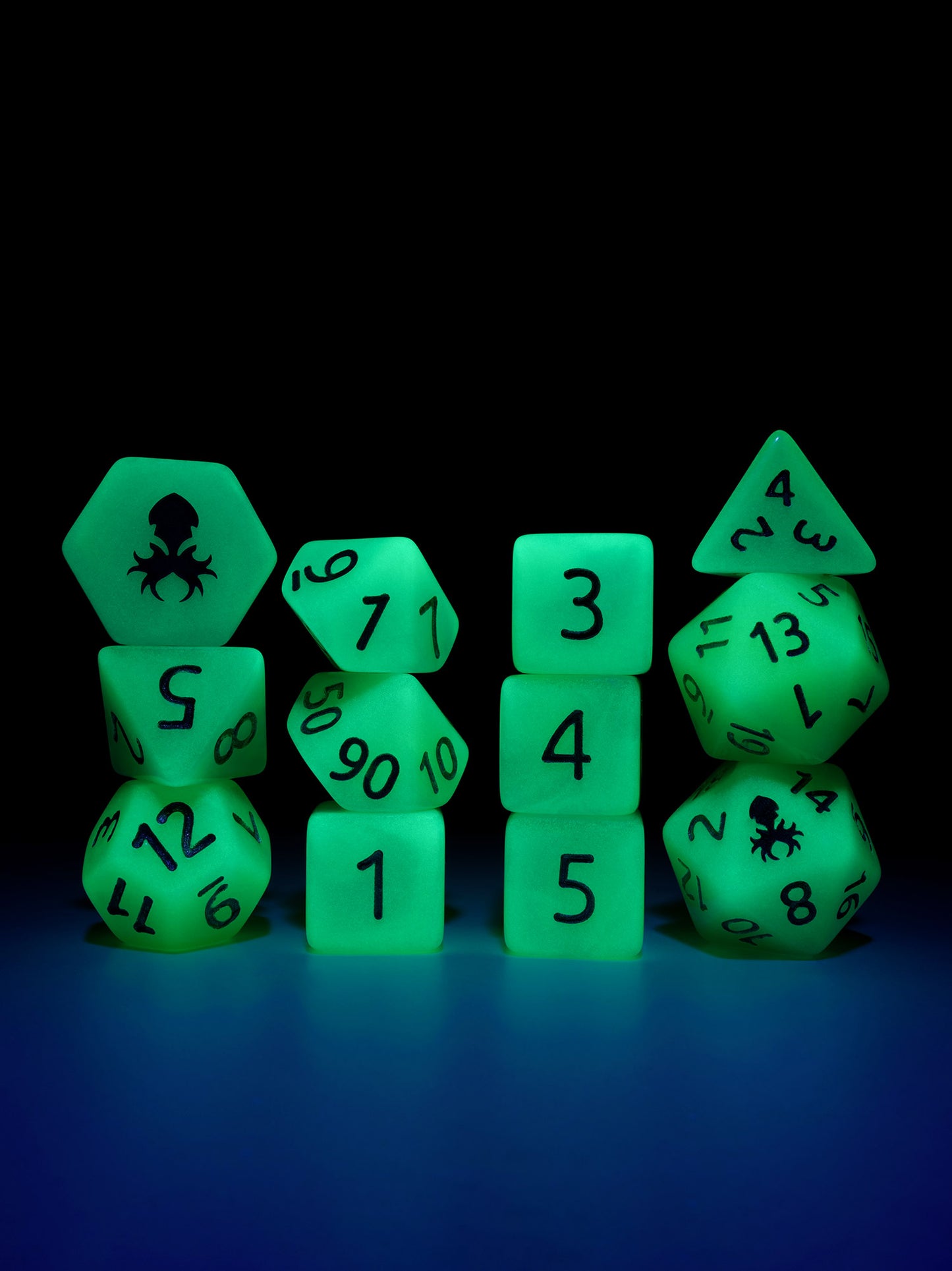 Baja Breeze Quencher Glow in the Dark 12pc Dice Set inked in Silver