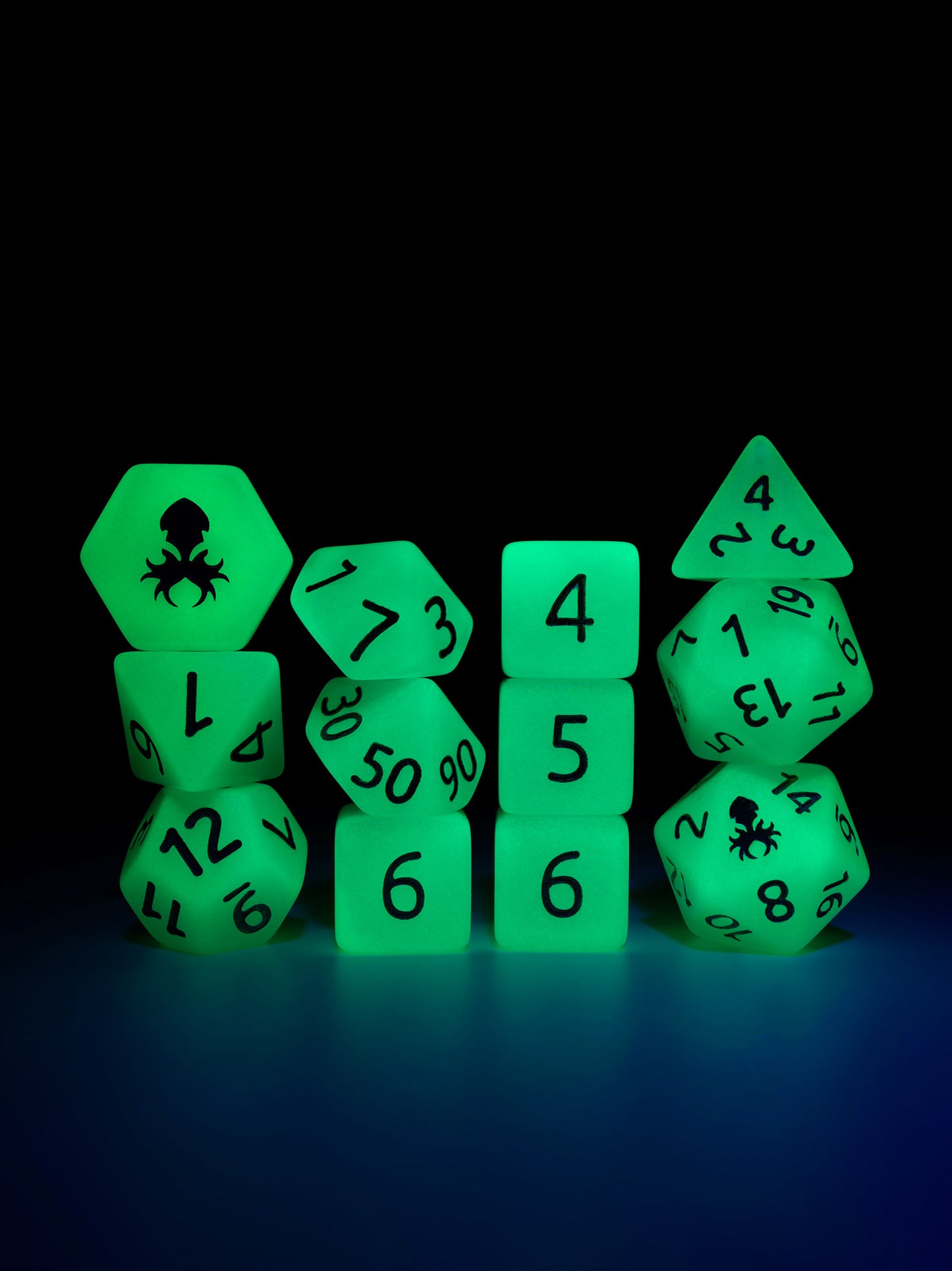 Tropic Blast Glow in the Dark 12pc Dice Set inked in Silver