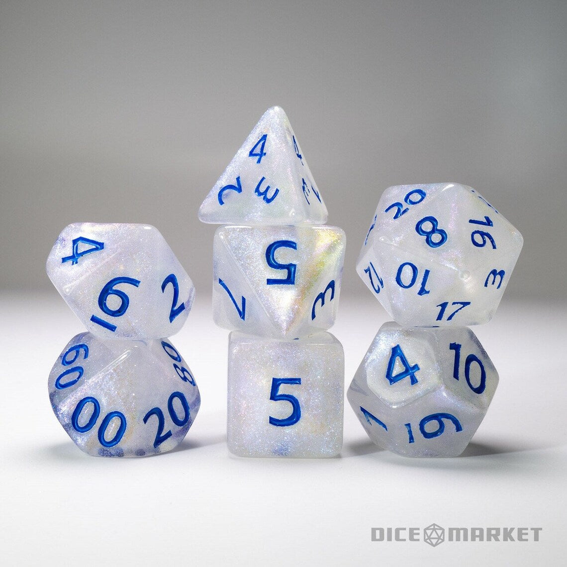 White with Pearlescent Pink Glitter with Blue Ink 7pc  Dice Set