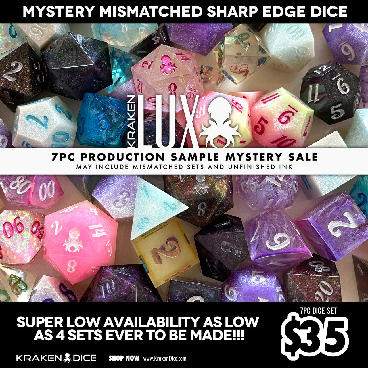 Mystery Mismatched Hand Made 7pc Sharp Edge Dice Set