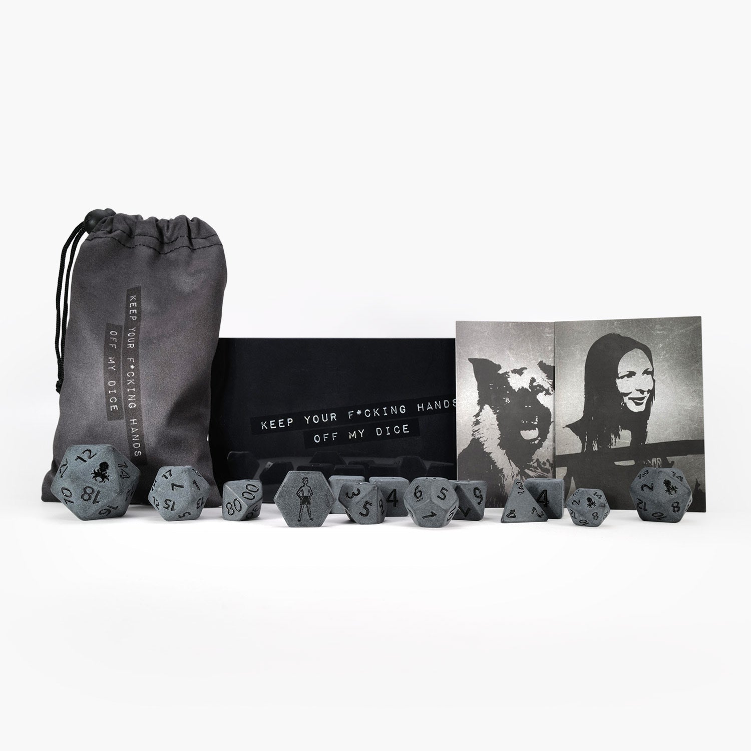 Keep Your Hands Off Sara's 14pc Matte Dice Set inked in Black