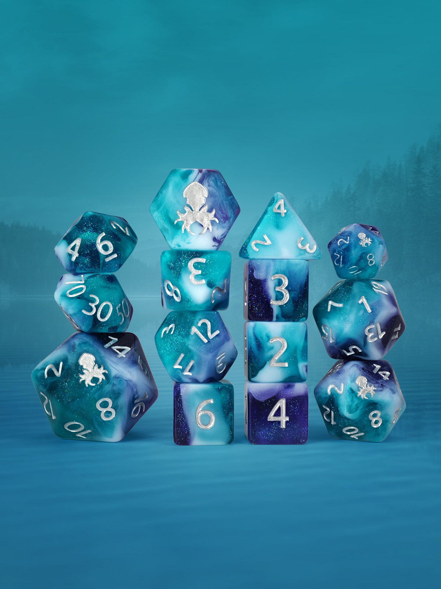 Lady of the Lake 14pc Dice Set Inked in Silver