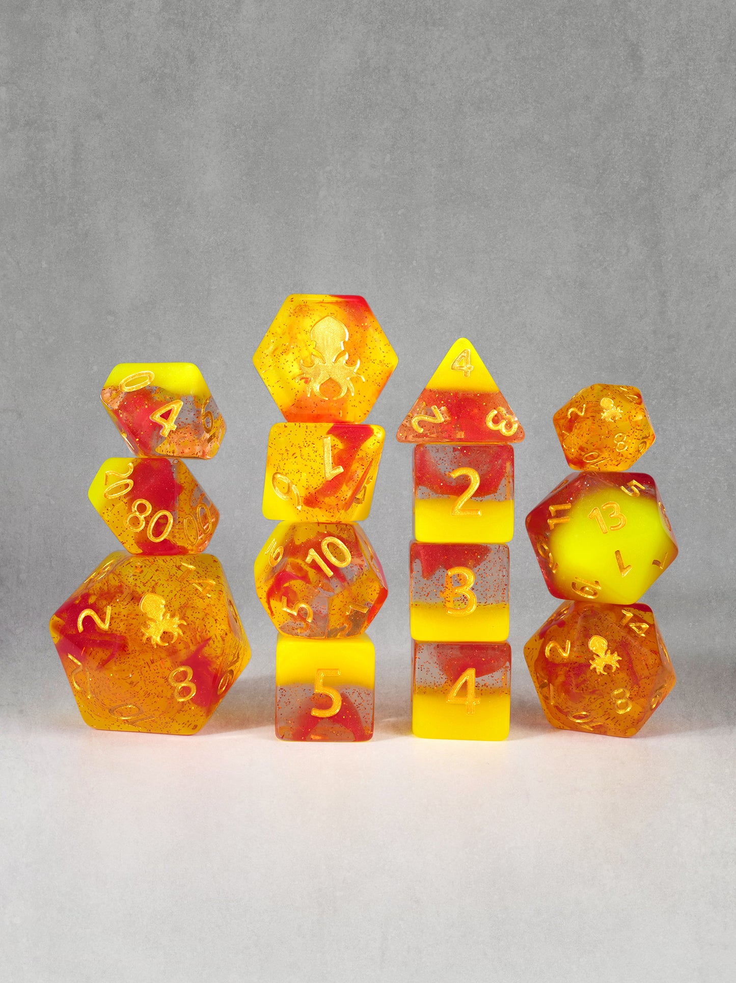 Magmaflow 2 14pc Glow in the Dark Dice Set inked in Gold