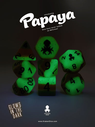 Papaya Glow in the Dark 8pc Dice Set inked in Black