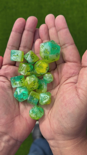 Ostara 14pc Dice Set inked in Metallic Green