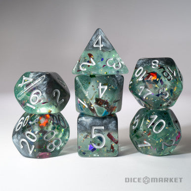 Silver and Blue Pooled Glitter with Confetti 7pc Dice Set