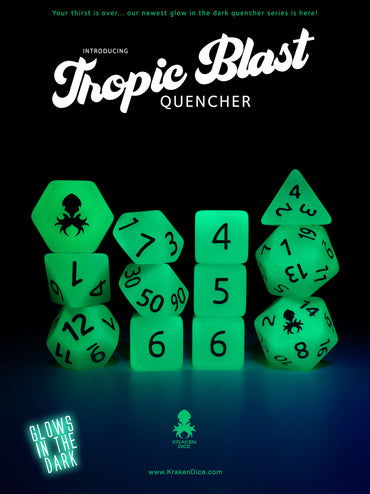 Tropic Blast Glow in the Dark 12pc Dice Set inked in Silver