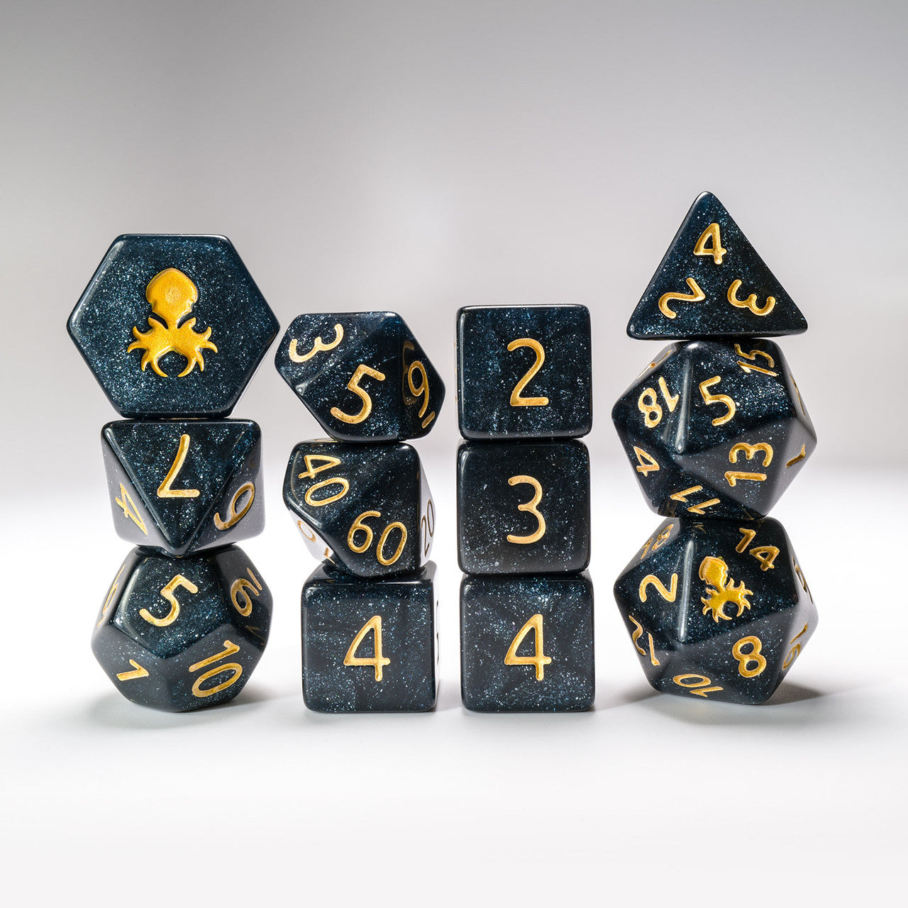 Abyss 12pc Glimmer RPG Dice Set with Gold Ink