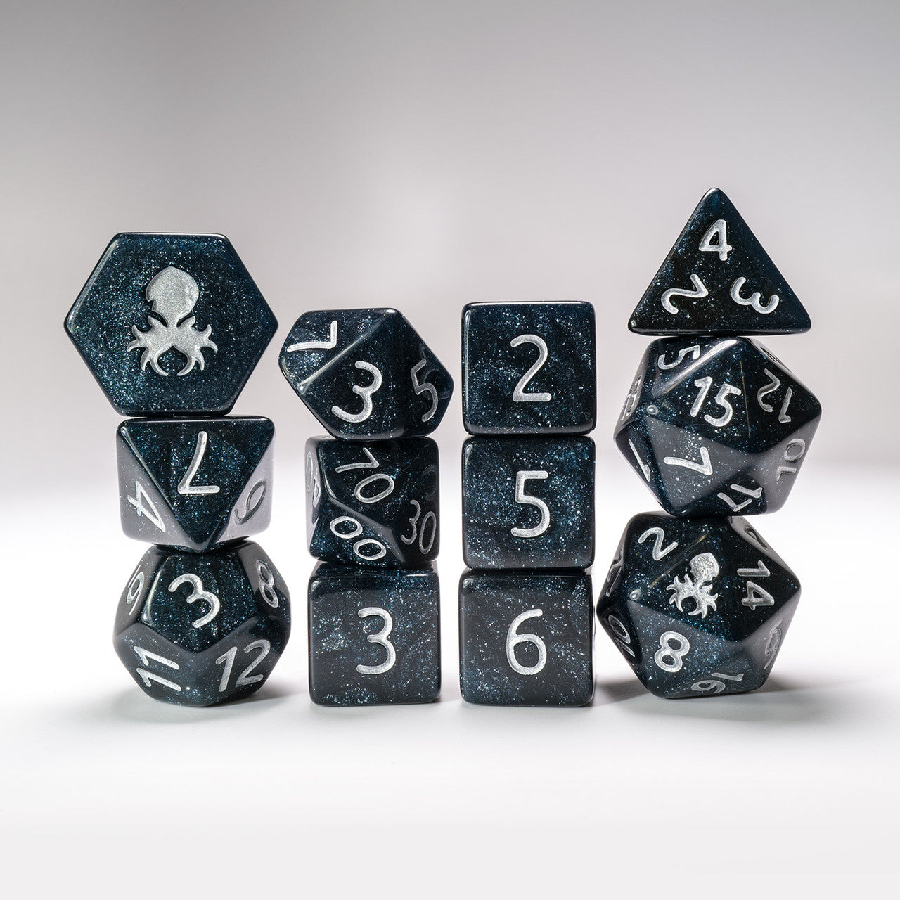 Abyss 12pc Glimmer RPG Dice Set with Silver Ink