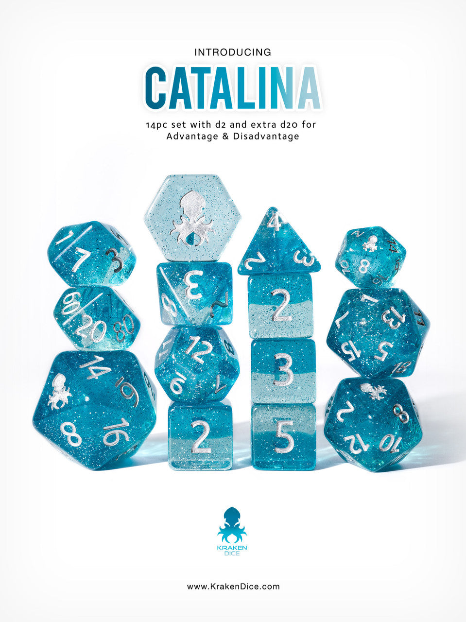 Catalina 14pc Dice Set With Kraken Logo for TTRPGs