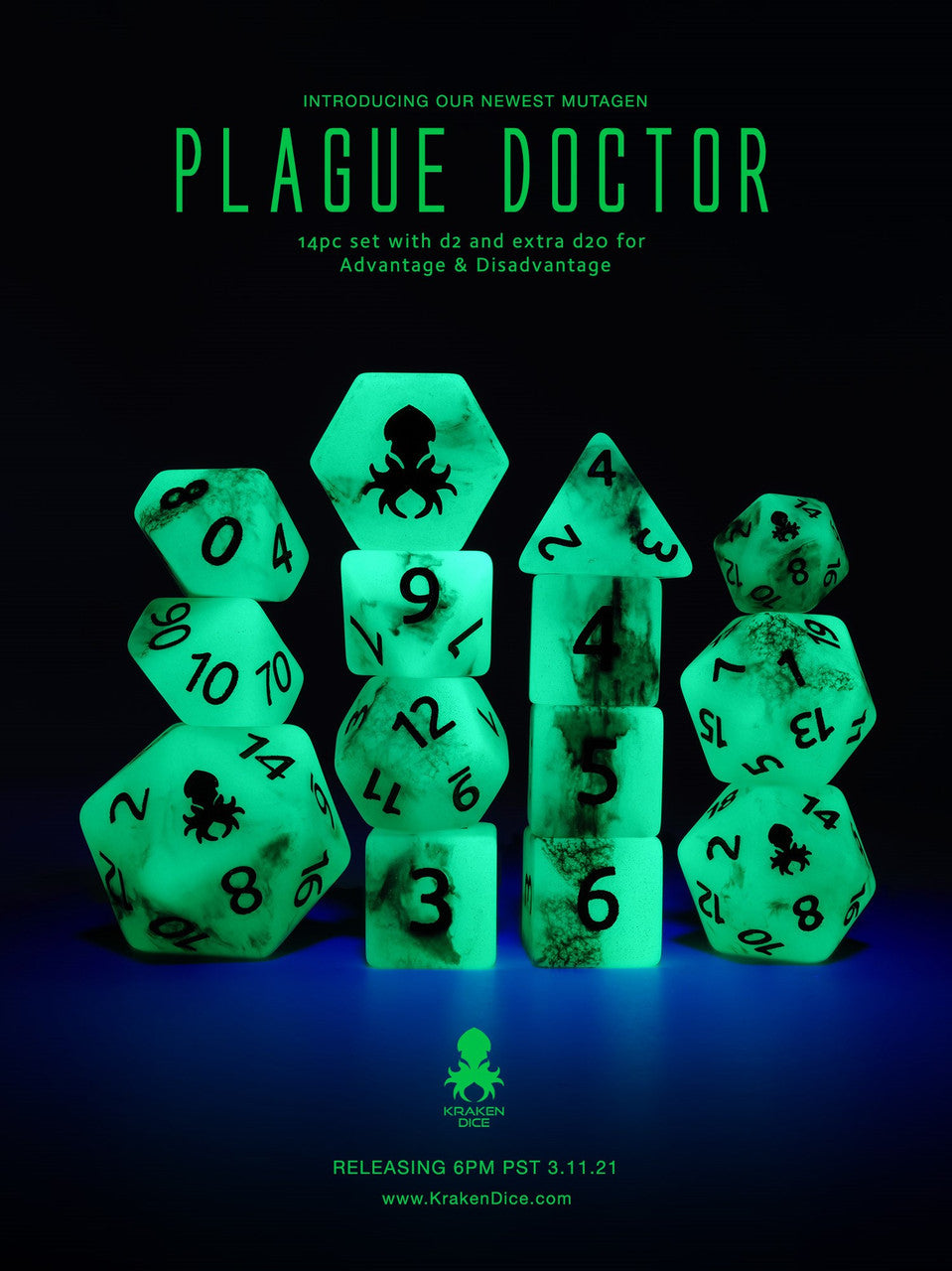 Plague Doctor 14pc Glow in the Dark Black Ink Dice Set