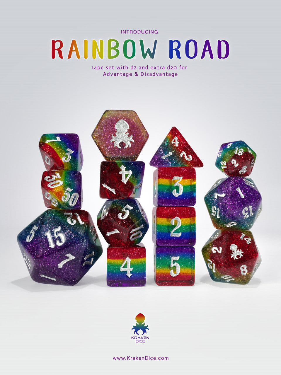 Rainbow Road 14pc Dice Set inked in Silver