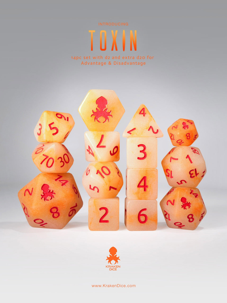 Mutagen:Toxin 14pc Glow in the Dark Orange Ink Dice Set