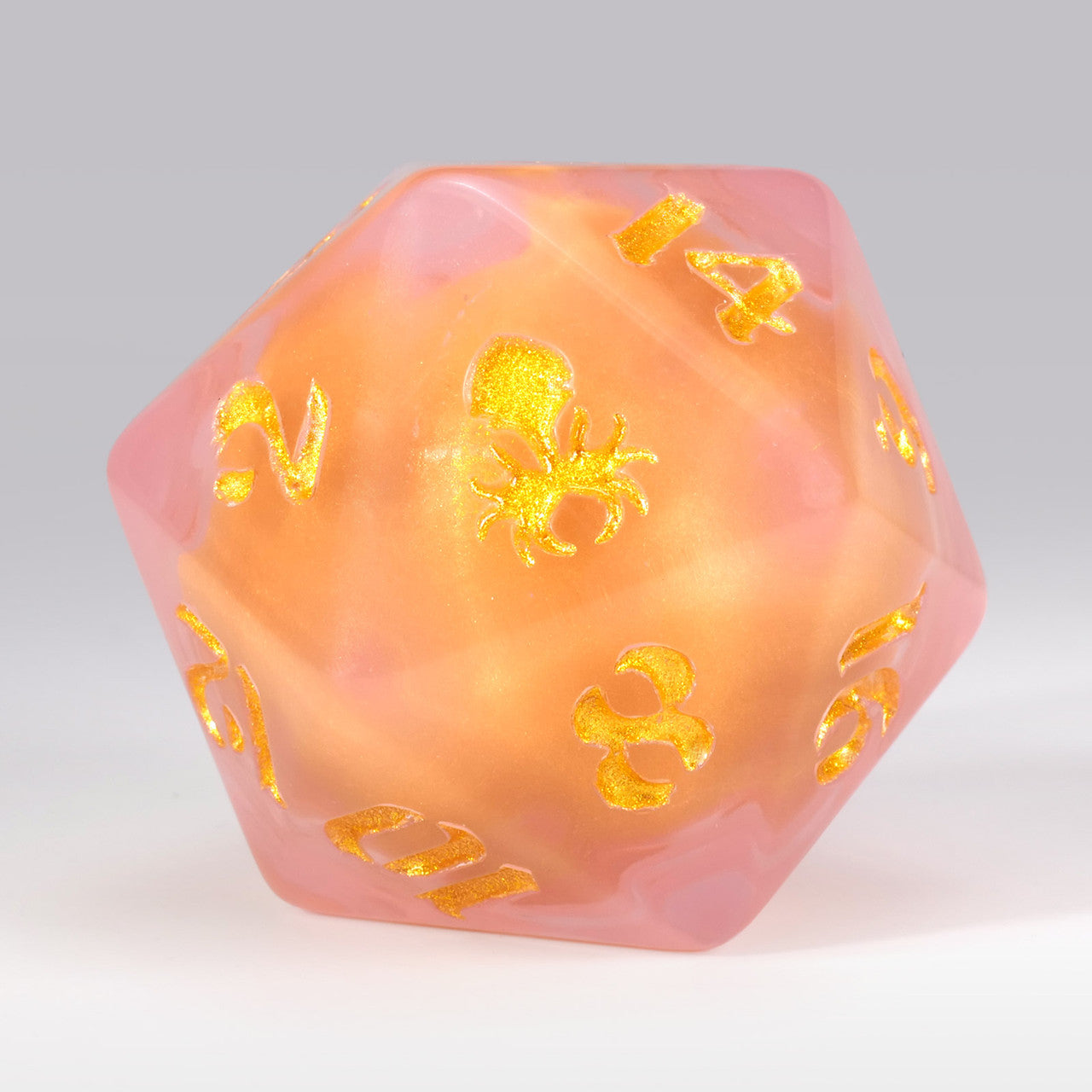 34 mm Pink Liquid Core Gold Glitter Single D20 with Gold Ink
