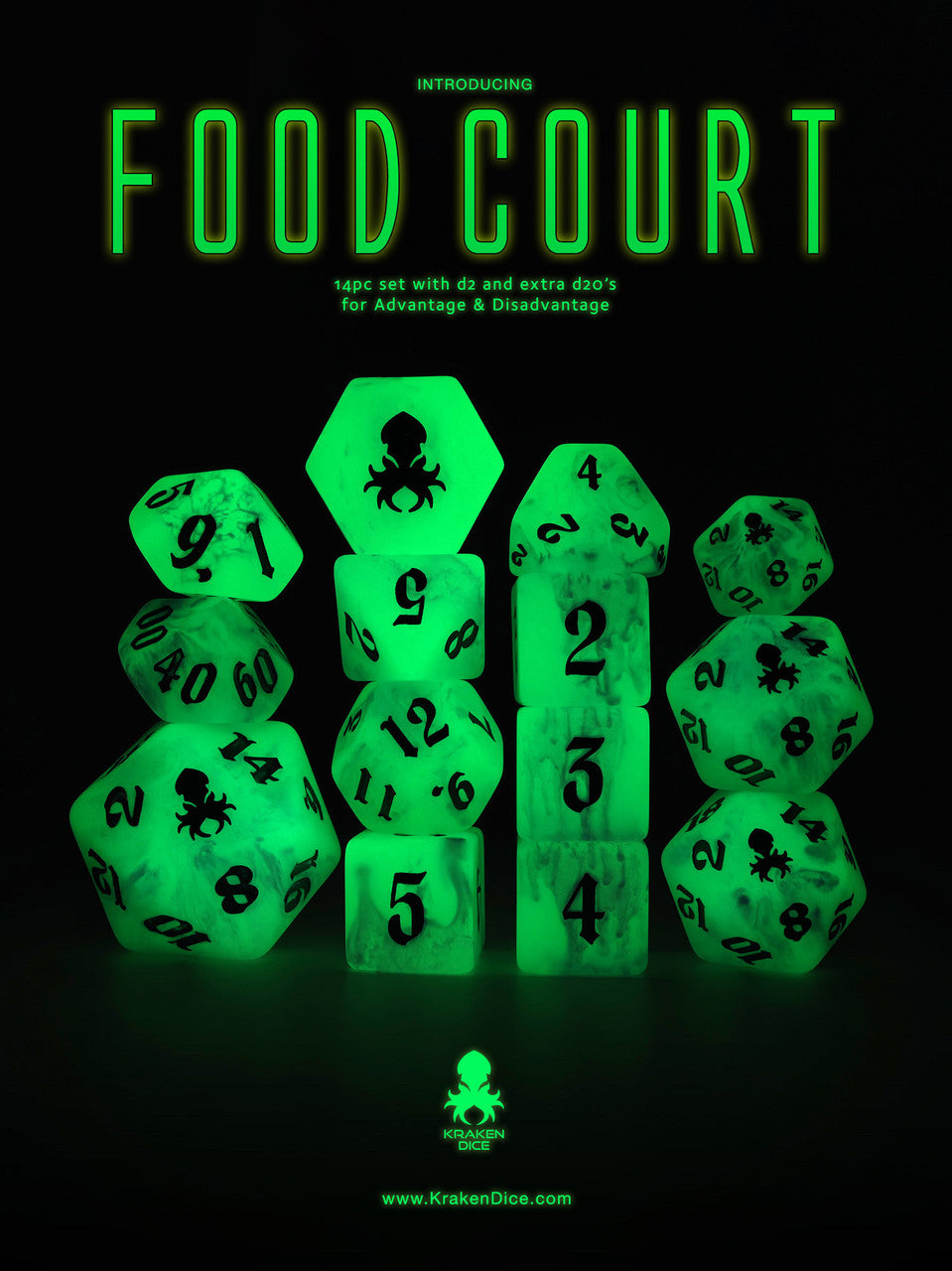 Food Court 14pc Glow in the Dark Dice Set with Teal Ink