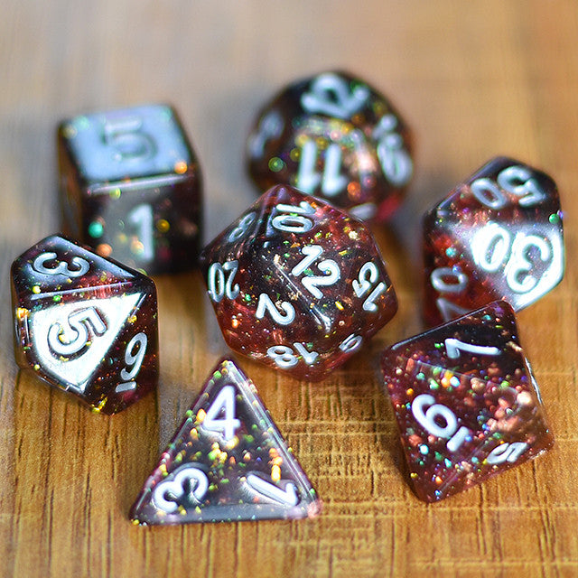 Burning Glitter filled with Silver ink 7pc Polyhedral Dice Set