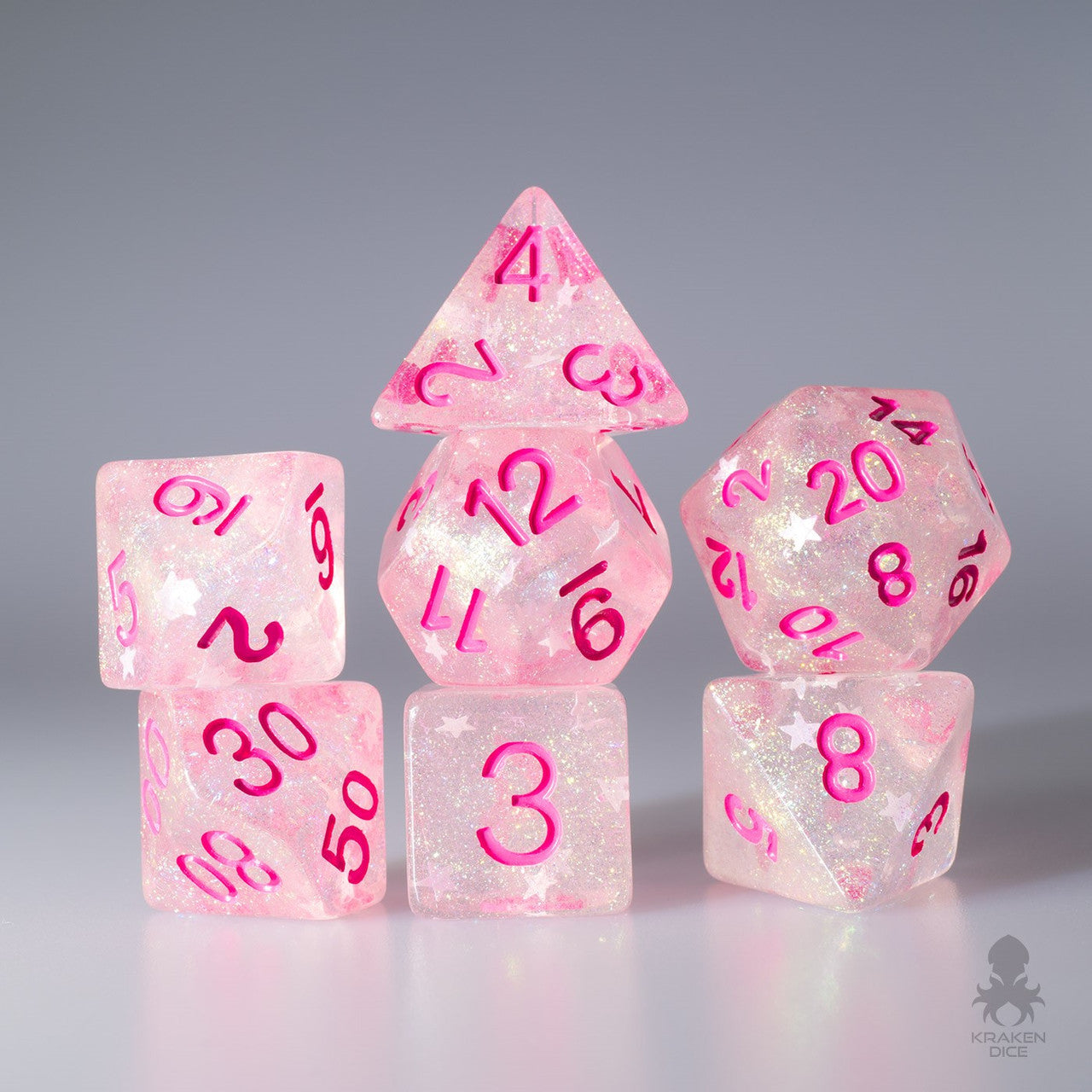 Fine Glitter Stars with Pink Ink 7pc Polyhedral Dice Set