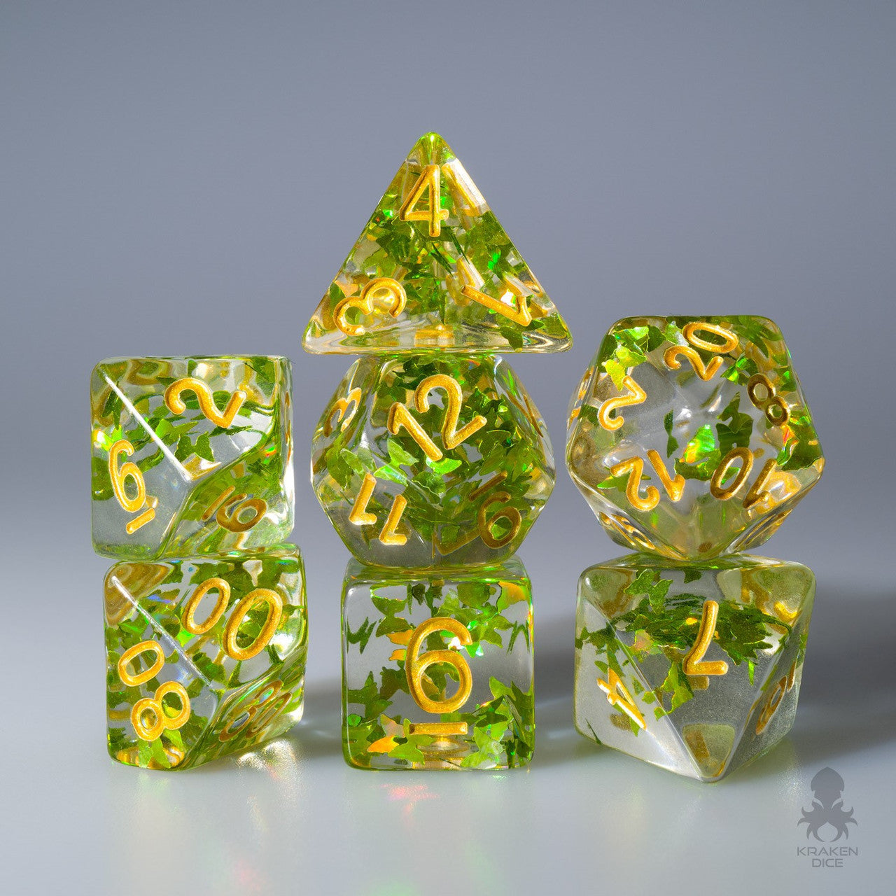 Green Butterflies Filled 7pc Polyhedral Dice Set with Gold Ink