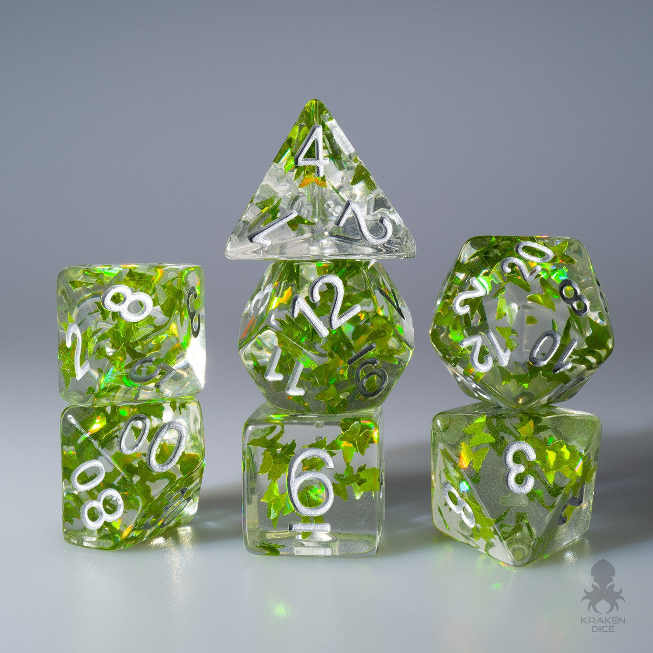 Green Butterflies Filled 7pc Polyhedral Dice Set with Silver Ink